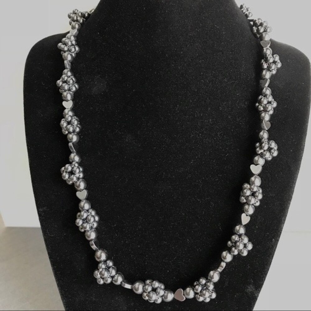 Vintage Handmade Hematite Bead Cluster Necklace Hearts Sterling Silver Clasp